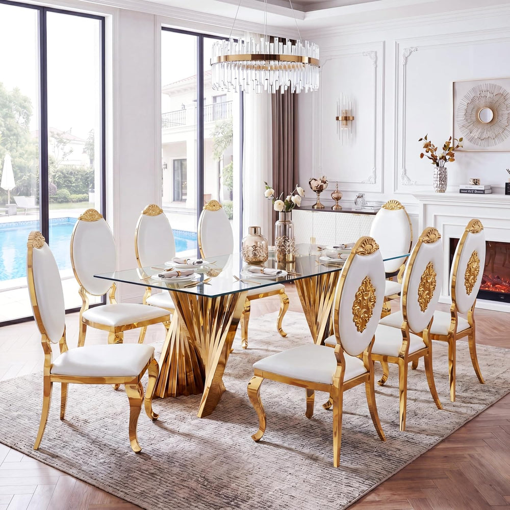 94" Modern Glass Gold Dining Table for 8-10, Luxury Kitchen Table with T...