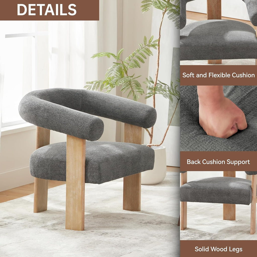 VKNOW Barrel Accent Chairs Set of 2 with Armrests and Rubberwood Legs | Mid Century Modern Upholstered Living Room Chairs with Open Back, Chenille Fabric, for Living Room, Bedroom, Dark Gray
