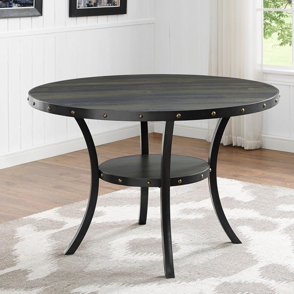 Roundhill Furniture Biony Espresso Wood Dining Set with 4 Fabric Nailhead Cha...