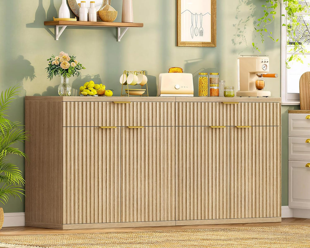 TEENFON Fluted Buffet Cabinet with Storage, 63" Sideboard Cabinet, Coffe...