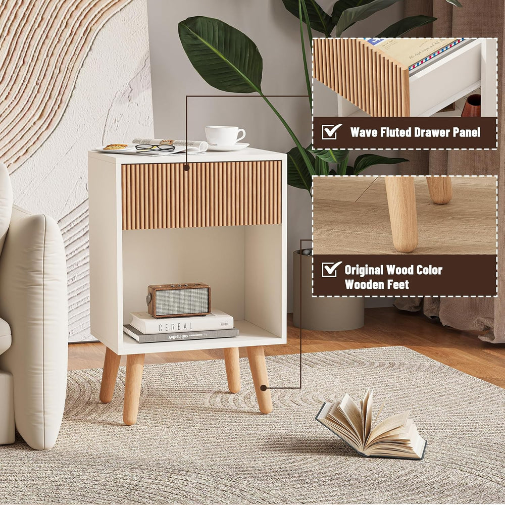 Fluted Nightstand, Modern Bedside Table with Storage Drawers and Open Wood Sh...