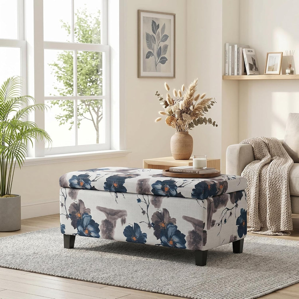 Christopher Knight Home Nesbit Living Room Ottoman with Storage, Entryway Fabric Upholstered Storage Ottoman Bench, Rectangular Sofa Foot Stool, Bedroom End of Bed Bench, Blue Flower+White