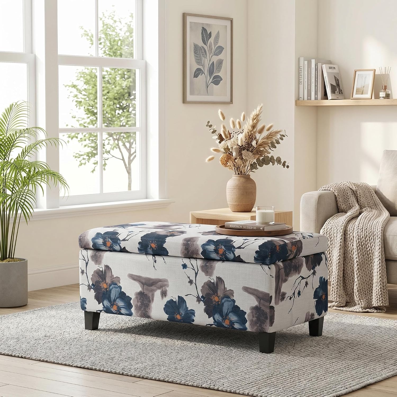 Christopher Knight Home Nesbit Living Room Ottoman with Storage, Entryway Fabric Upholstered Storage Ottoman Bench, Rectangular Sofa Foot Stool, Bedroom End of Bed Bench, Blue Flower+White