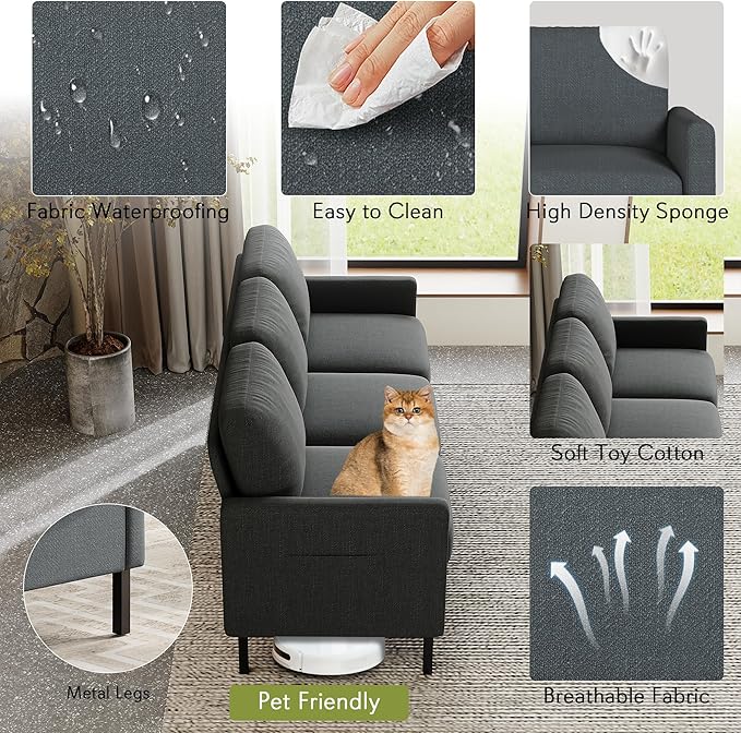 STHOUYN 72" W 3 Seater Couch with 2 USB, Comfy Grey Couch with 2 Pockets, Living Room Sofas with Reinforced Steel Frame, Cheap Sofas for Small Spaces, Dorm, Bedroom