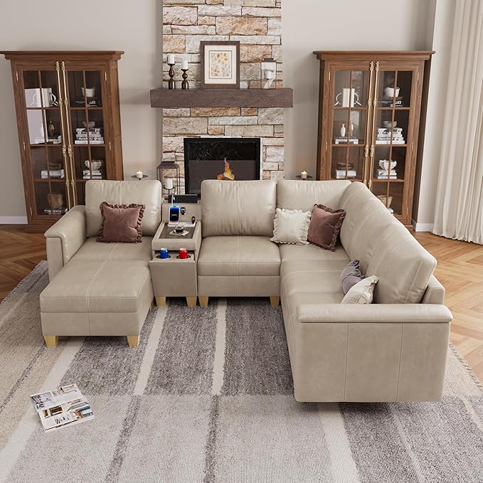 SITJOY 105" Faux Leather Modular Sectional Sofa with Storage, Mid Century Modern Sectional Couches for Living Room, 6 Seat V Shaped Couch with Ottoman and Console Table, Hidden Cupholders, Greige