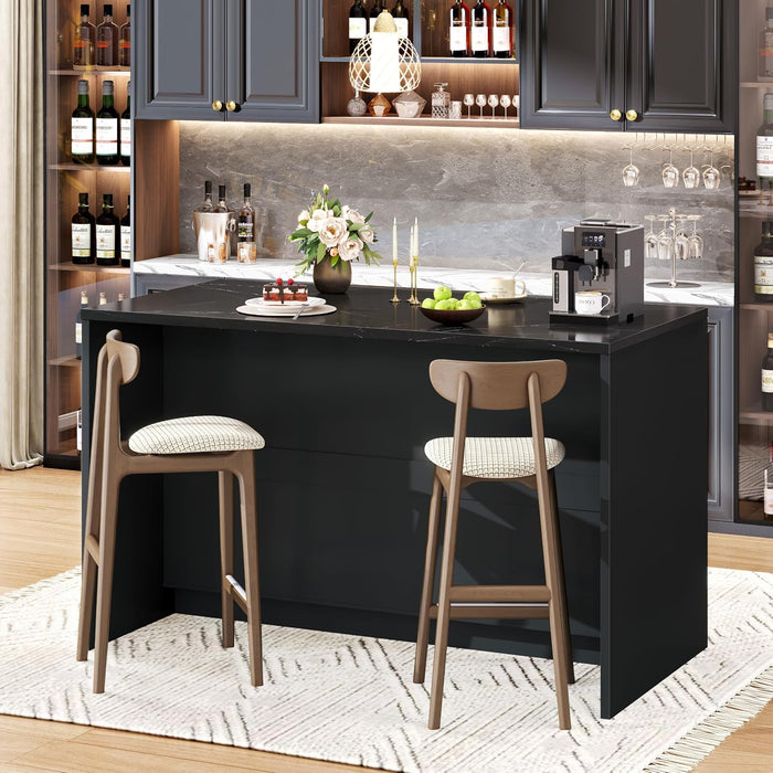 DynJest Kitchen Island with Storage, 47.2" Large Faux Marble Countertop Kitchen Island with 2 Drawers and Adjustable Shelves, Coffee Bar Station, Beveled Edge Door Cabinet, Black Tabletop + Black