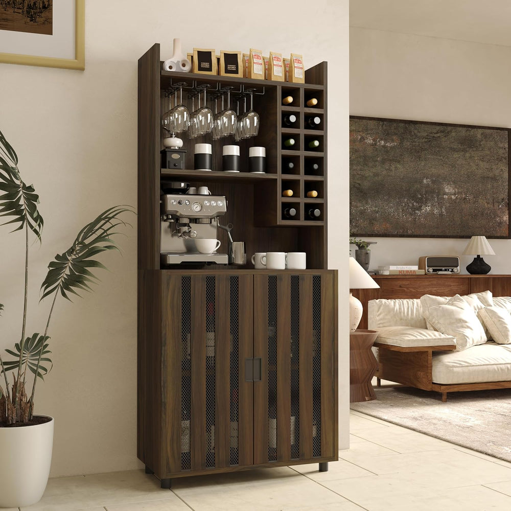 71" Kitchen Pantry Cabinet with 12 Wine Bottle Racks, Kitchen Hutch Food...