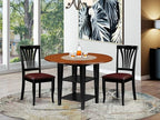 East West Furniture SUAV3-BCH-LC 3 Piece Dining Table Set Contains a Round Dining Room Table with Dropleaf & Shelves and 2 Faux Leather Upholstered Chairs, 42x42 Inch, Black & Cherry
