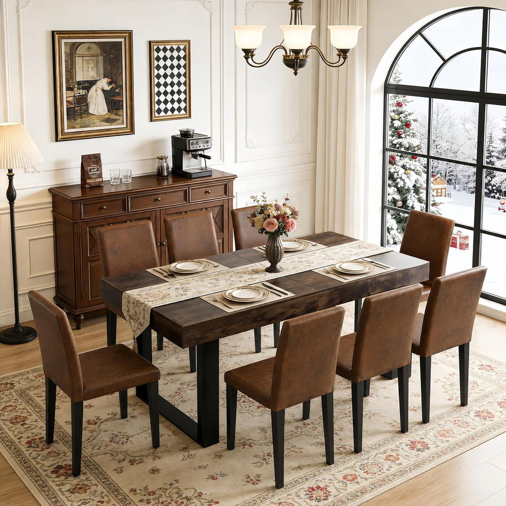 63"-79" Expandable Dining Table Set for 8, Wood Rectangle Dining Table and 8 Brown Faux Suede Chairs, Suitable for Home,Kitchen Dining Room,Farmhouse