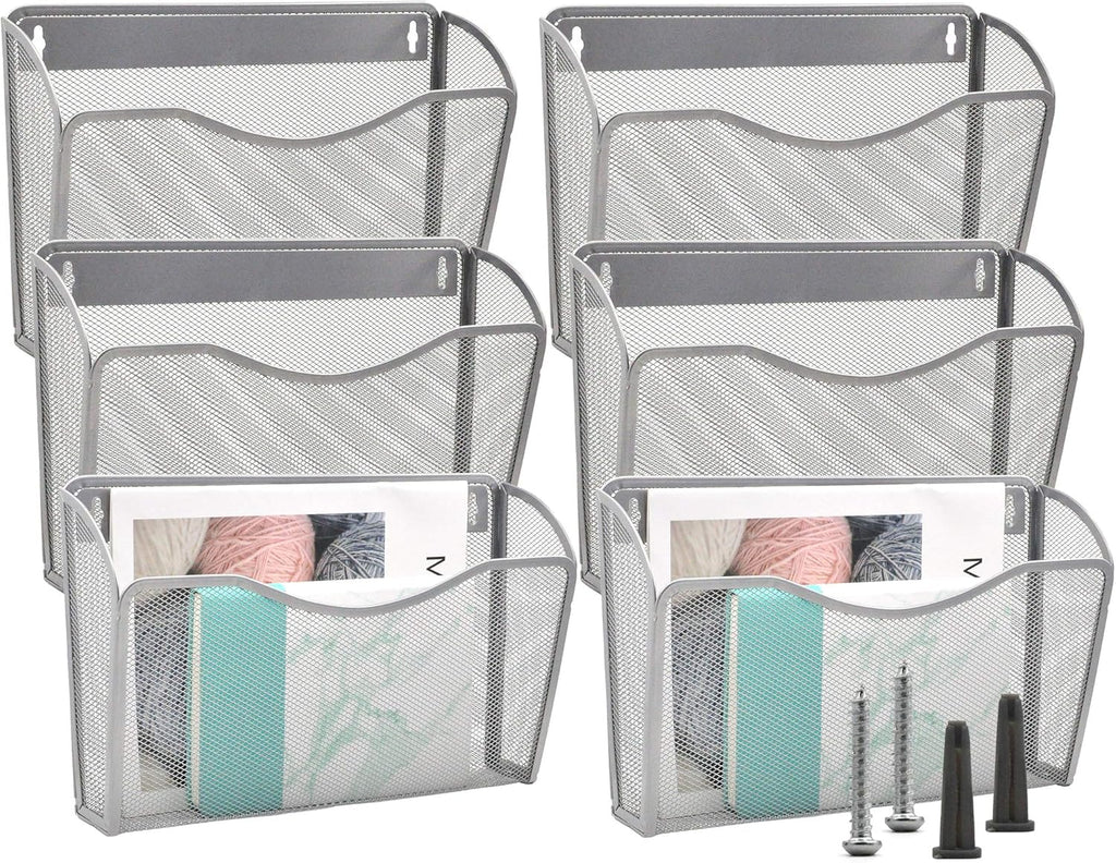 EASEPRES 6 Single Pocket Mesh Hanging File Organizer, Vertical Wall Mounted Magazine File Holder, Mount Basket Mail Paper Document Folder Organizing for Office, Home and School, Silver