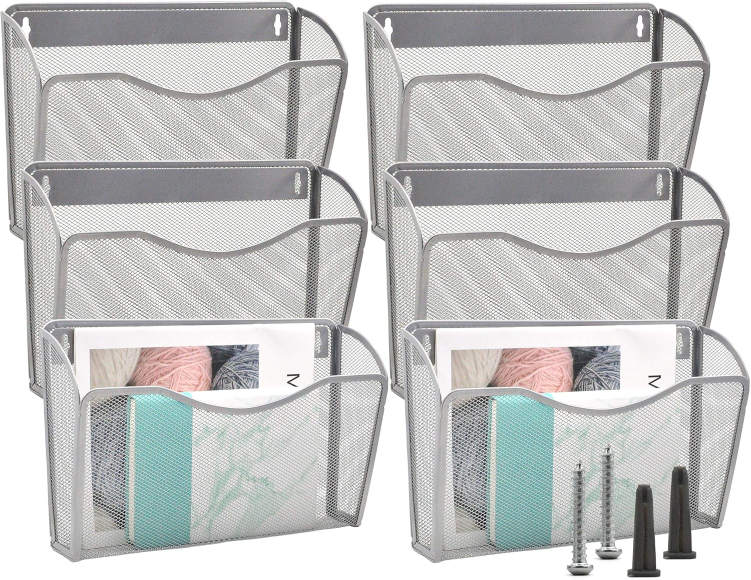 EASEPRES 6 Single Pocket Mesh Hanging File Organizer, Vertical Wall Mounted Magazine File Holder, Mount Basket Mail Paper Document Folder Organizing for Office, Home and School, Silver