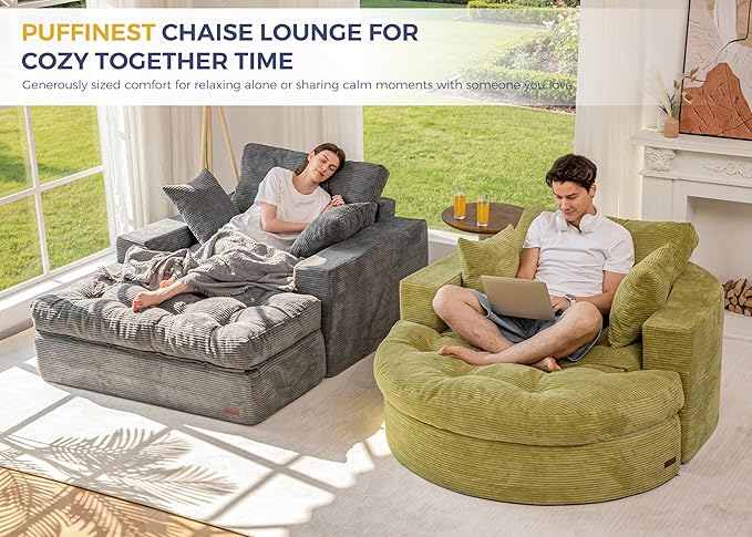 MAXYOYO Modular Sectional Chaise Lounge Sofa, 2 Sets Upholstered Lounge Chair with Ottoman, Comfy Round+ Square Couch with Layered Cushion, Tufted Sleeper Chair for Living Room, No Assembly, Dark Grey