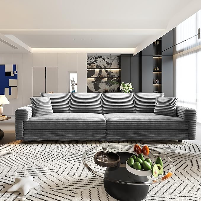KEIKI 102.4" Sectional Couches, Modern Comfy Upholstered Sofa Cloud Couch, Deep Seat 4 Seat Sofa Set with Soft Pillows and Movable Ottoman for Living Room Bedroom,Apartment,Office, Grey