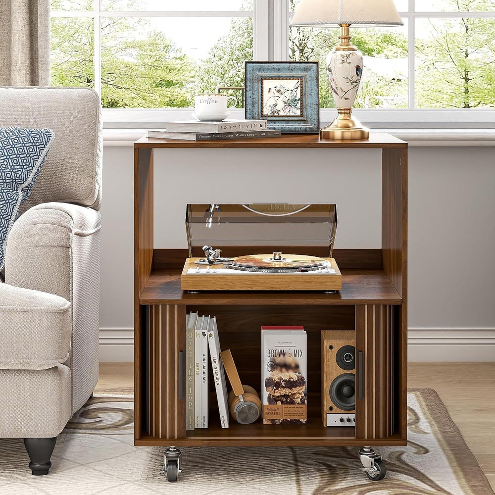 Side Table with Storage, Small End Tables with Sliding Door, Rolling Night St...
