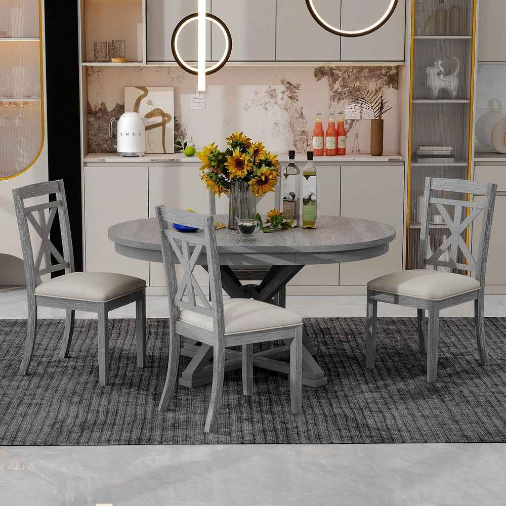 Merax Extendable Round Dining Table Set for 4, Farmhouse Kitchen Table Set wi...