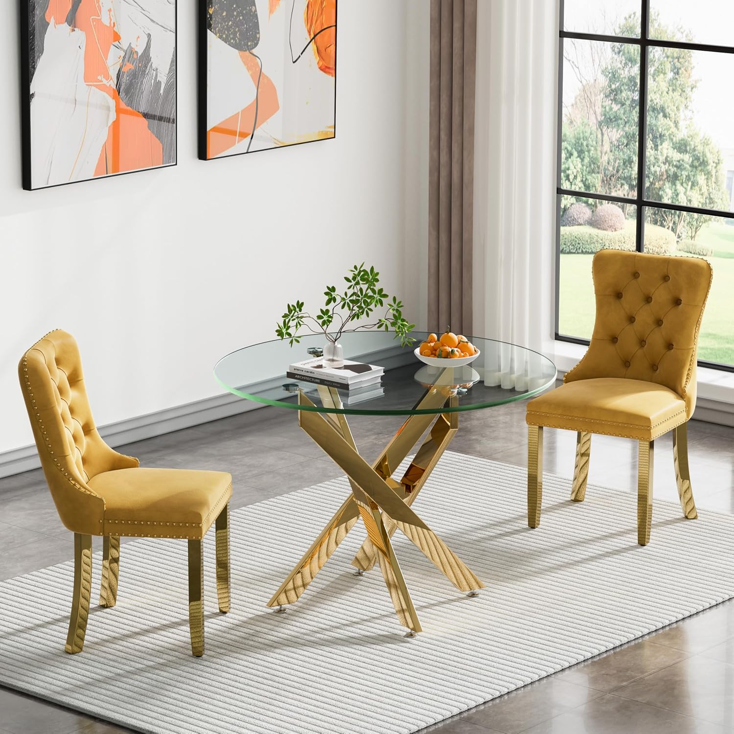 Round Glass Dining Table Set for 2, Small Kitchen Table Set for 2, 35" Round Glass Table & Gold Upholstered Velvet Chairs Set of 2, 3 Piece Round Dining Room Table Set for Breakfast Dinette Cafe