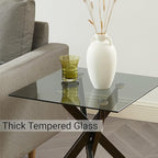 Modern Style Square Side Table with Grey Tempered Glass Top and Black Metal Tubular Legs with Gold Rim 20”Dx20”Wx22”H