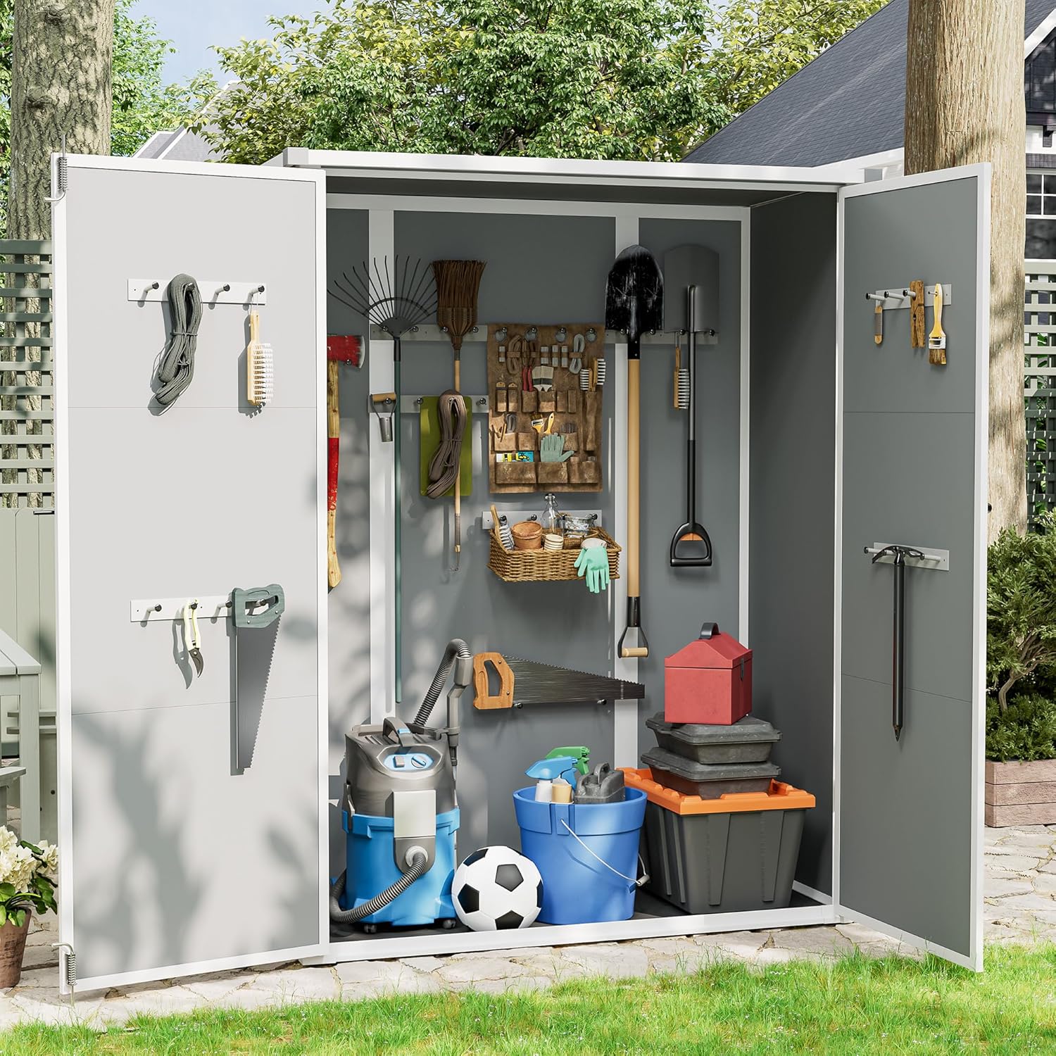 UDPATIO 38 Cu.ft Vertical Storage Shed, 4.3 ft x 5.6 ft Resin Outdoor Shed Waterproof Plastic Storage Cabinet for Garden, Backyard, Lawn, Grey