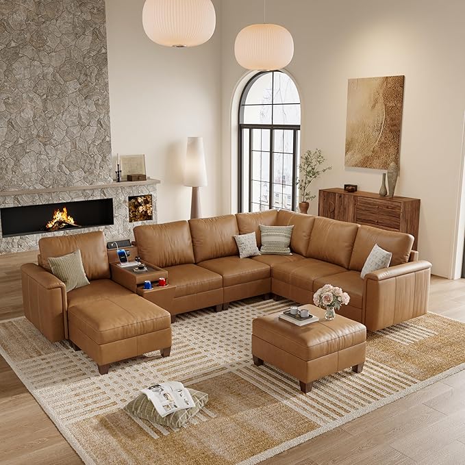 SITJOY 132" Faux Leather Modular Sectional Sofa with Storage, Mid Century Modern Sectional Couches for Living Room, 8 Seat V Shaped Couch with Ottoman and Console Table, Hidden Cupholders, Brown