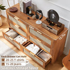 LEYAOYAO Rattan 6 Drawer Dresser for Bedroom Set of 2, 54" Wide Boho Chest of Drawers, Wooden Dressers TV Stand with Metal Handle, Storage Closet Organizer for Living Room, Hallway, Tea Brown