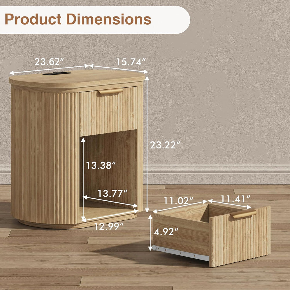 Fluted Nightstand with Charging Station 23.6" Large Round Bedside Table Oak