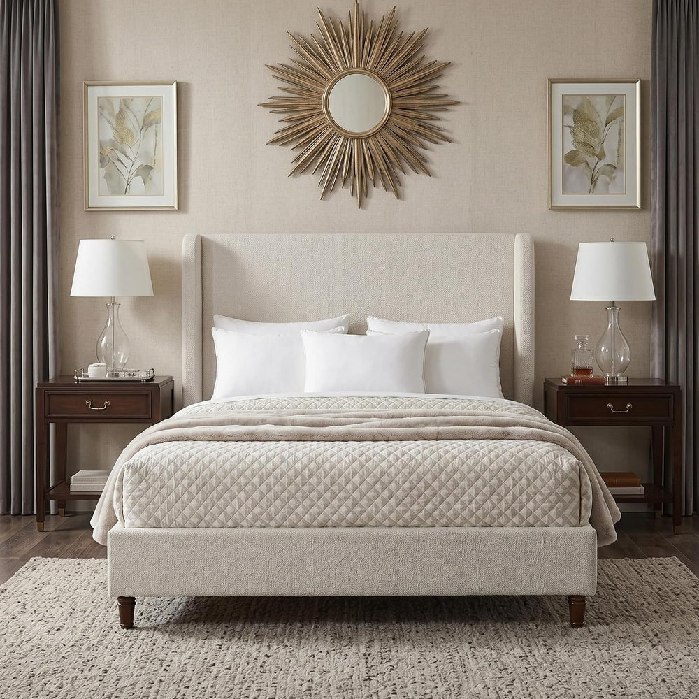 Upholstered Bed Frame with 54" Tall Wingback Headboard, Elegant Boucle F...