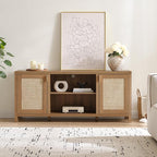 SICOTAS TV Stands for Living Room : Rattan TV Console Cabinet with Storage and Shelf, Boho Entertainment Center, 59" Media Console for 55, 65 Inch TV, 26" Tall Television Stands, Oak