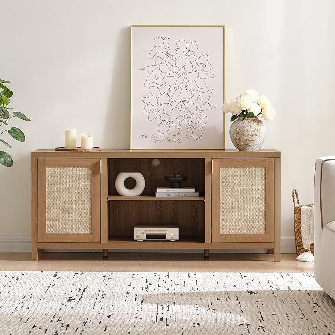 SICOTAS TV Stands for Living Room : Rattan TV Console Cabinet with Storage and Shelf, Boho Entertainment Center, 59" Media Console for 55, 65 Inch TV, 26" Tall Television Stands, Oak