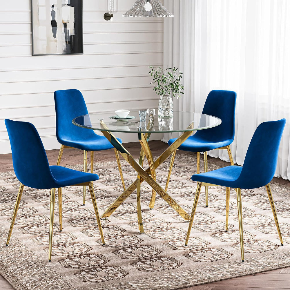 5-Piece Glass Dining Table Set, Modern Round Gold Dining Room Set with Temper...