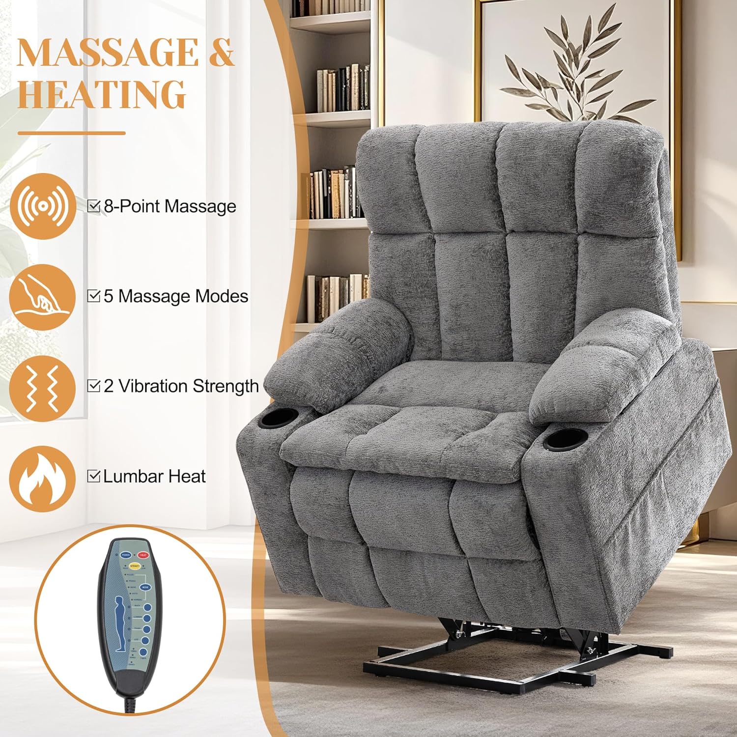Korser Oversized Dual Motor Power Lift Recliner Chair for Elderly with Massage & Heat, Extra Wide Lift Chair with Adjustable Headrest, Electric Recliner with Storebox, Cupholder, USB, Type C, Grey
