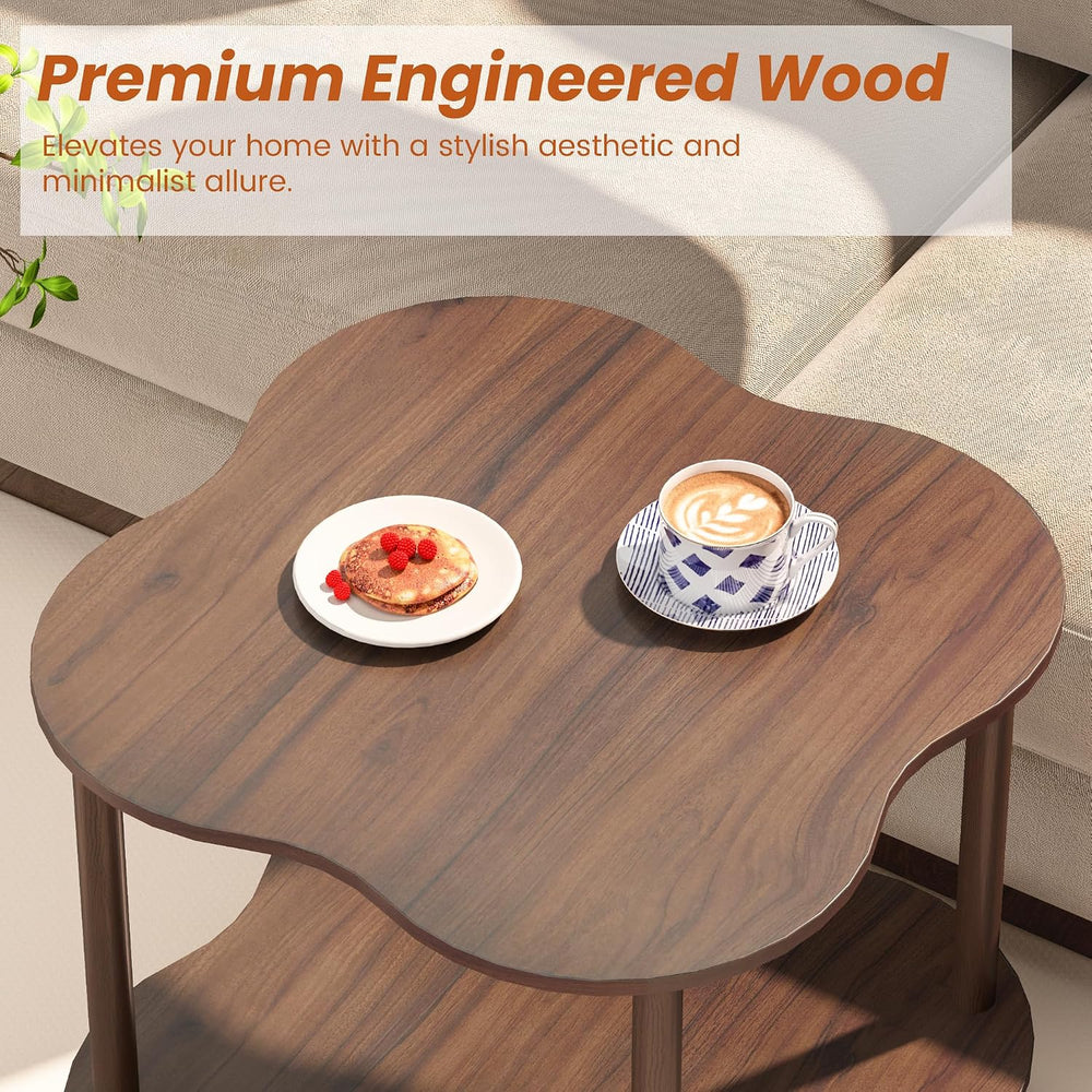 Flower Shape End Table - 2-Tier Walnut Wood Color Coffee Tables, Modern Woode...