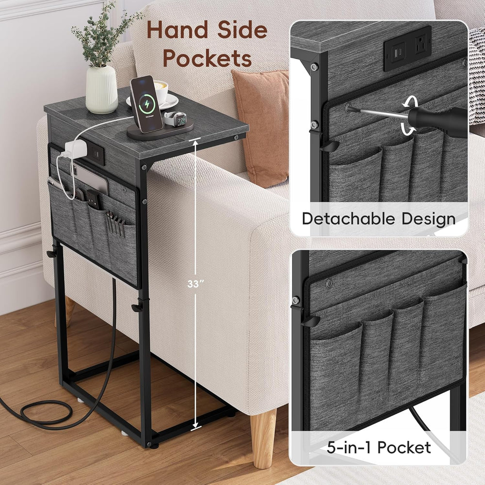 Vagusicc C-Shaped End Table with Charging Station, Small Side Table for Couch...