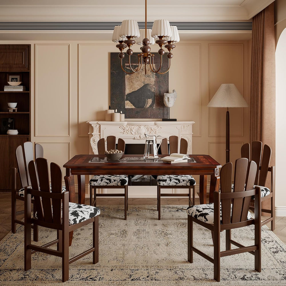 Rectangular Glass Dining Table 59” with Cherry Veneer Frame and Solid Wood Le...