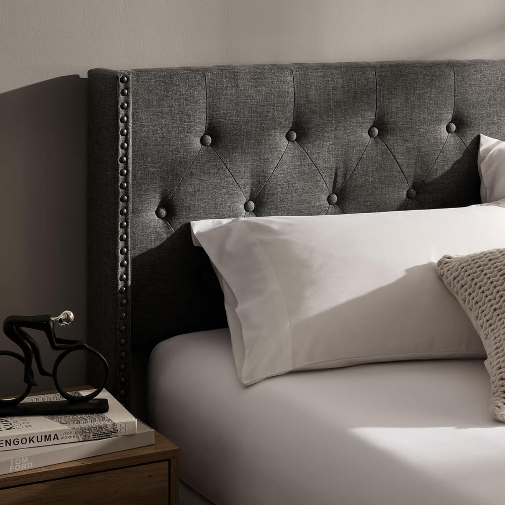 Hearth & Harbor Queen Bed Frame with Headboard Wingback – Linen Platform ...