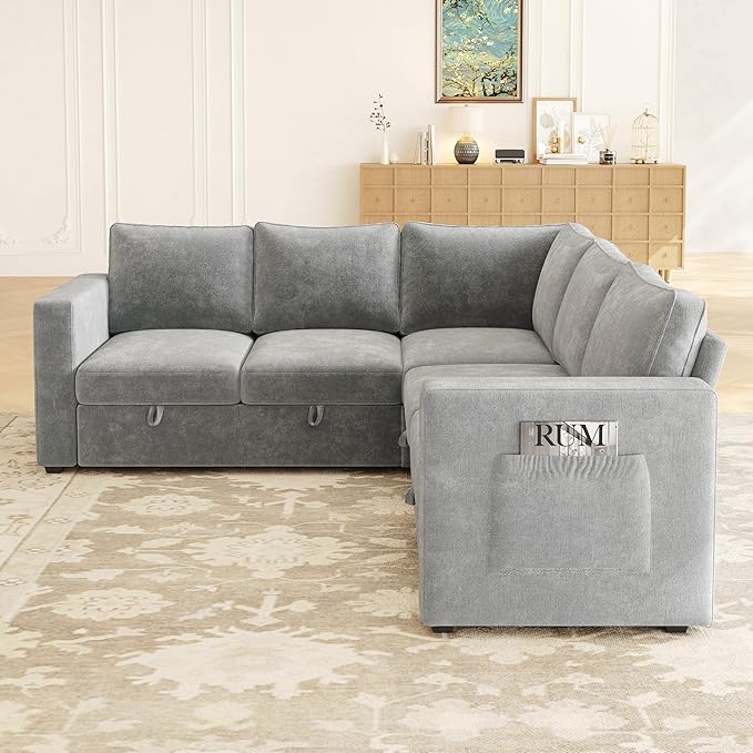 83.5" Sectional Sleeper Sofa with Pull Out Couch, Modern 5 Seat L Shaped Modular Couch, Sectionals Modular Sofa with Storage, Comfy Sectional Couches for Living Room & Apartment, Light Gray