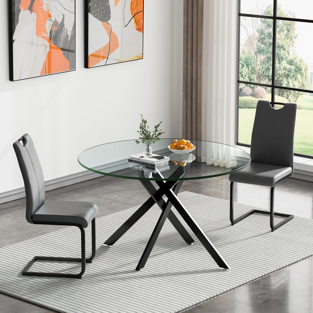 47.25 Inch Round Glass Dining Table Set for 2, Modern 3 Piece Dining Room Tab...