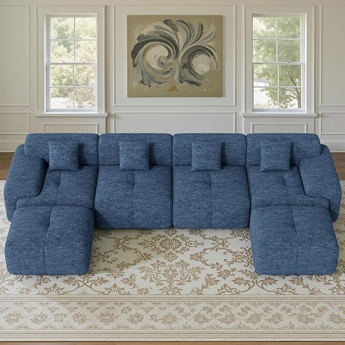 158" U Shaped Convertible Modular Couch, Cloud Couch Sectional with Ottoman, 6-Seater Chenille Boneless Couches for Living Room, Apartment, No Assembly, Blue 1PCS