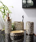 Hymmah Bathroom Accessories Set,Golden Design Toothbrush Holder,Farmhouse Bathroom Decor,4 Pcs Resin Gift Set Apartment Necessities, Contain Toothbrush Cup,Soap Dispenser,Soap Dish,Tumbler