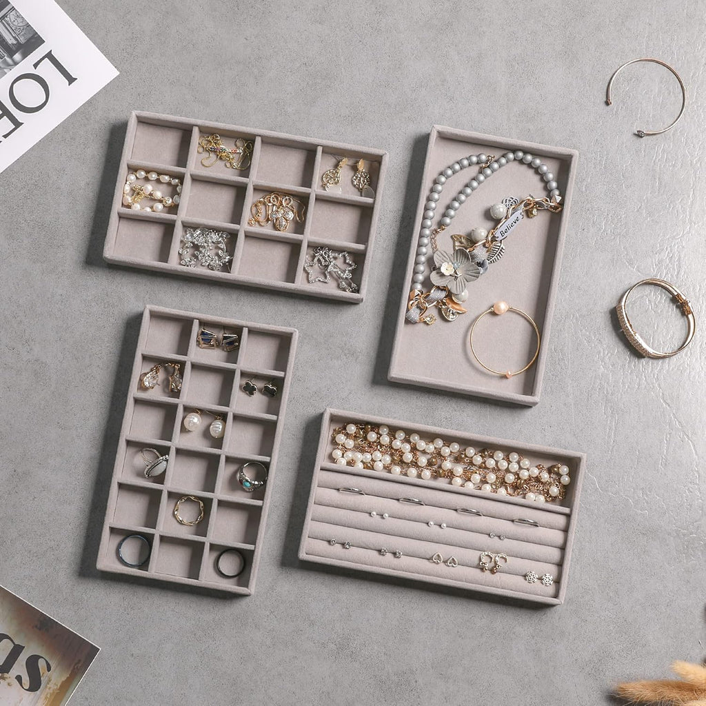 Frebeauty Jewelry Organizer Tray,Stackable Velvet Jewelry Trays,Drawer Inserts Earring Organizer For Women Jewelry Storage Display Case for Rings Stud Necklaces,Set of 6(Grey)