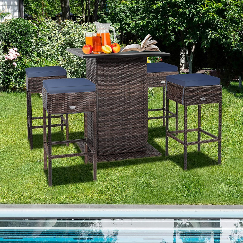 HAPPYGRILL 5 Piece Rattan Bar Set Outdoor Wicker Bar Table and 4 Bar Stools w...
