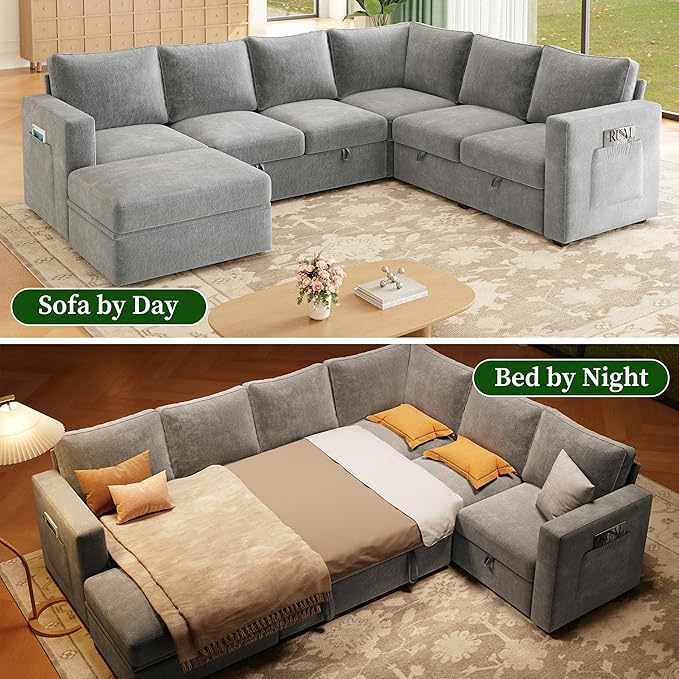 106.7" Sectional Sleeper Sofa with Pull Out Couch, Modern 7 Seat U Shaped Modular Couch, Sectionals Modular Sofa with Storage, Comfy Sectional Couches for Living Room & Apartment, Light Gray