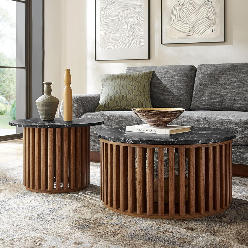 Modway Fortitude Round Faux Marble Wood Nesting Coffee Table Set in Walnut Bl...
