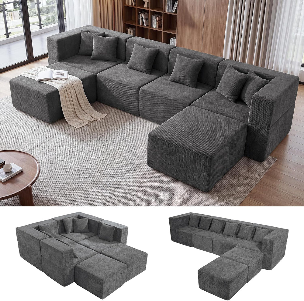 MONVANE U Shaped Sectional Couch Oversized, Chenille, Gray | 6-Seat Sectional...
