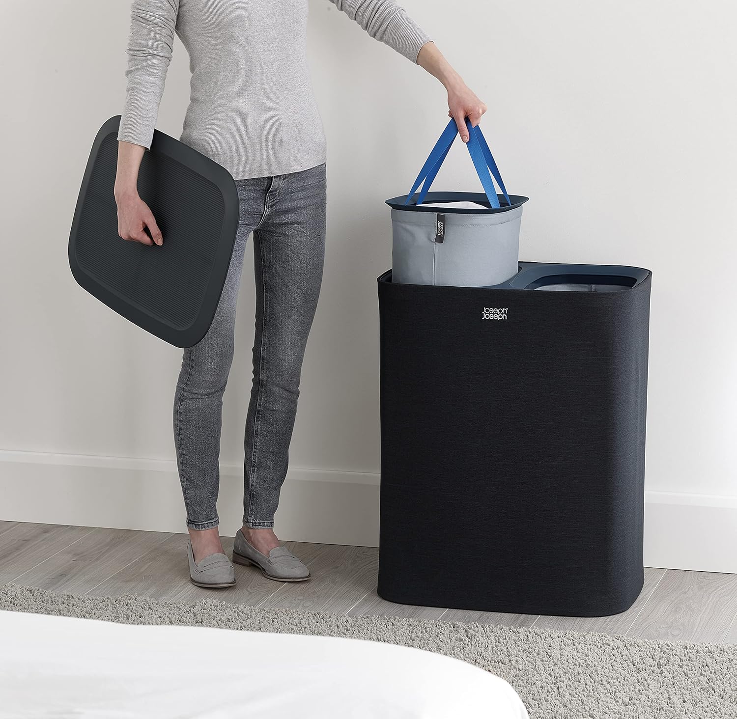 Joseph Joseph Tota 90 liter/23.8 gallon Laundry Hamper Separation Basket with lid, 2 Removable Washing Bags with Handles - Black