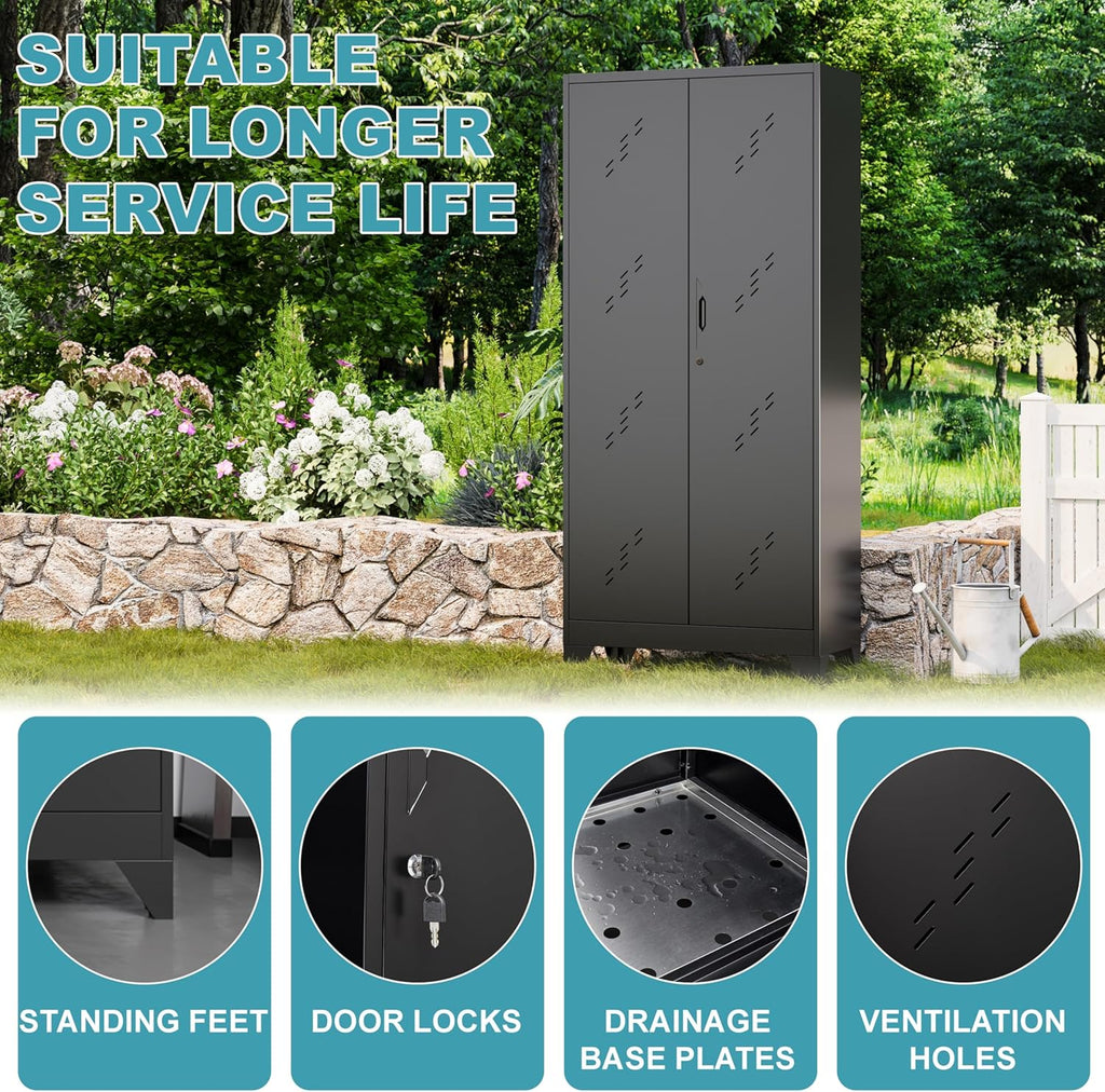 71" Metal Tools Storage Cabinet with Doors and Shelves, Outdoor Storage Sheds with Lock, Black Cleaning Supplies Organization Cabinet with Hanging Rod for Garage, Outdoor,