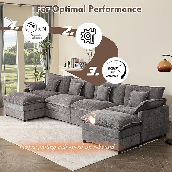 142.5" U Shaped Couch, Modular Sectional Sofa, 3-Seater Comfy Cloud Couch, Set of Modular Pieces with Movable Ottoman, Deep Seat Couches for Living Room, Chenille, Slate