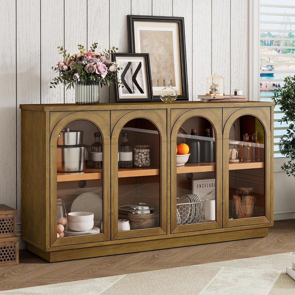 SOFTSEA Farmhouse 58" Sideboard with Adjustable Shelves, Glass Arch Buff...