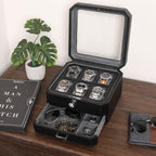 ROTHWELL 6 Slot Leather Watch Box with Valet Drawer - Luxury Watch Case Display Organizer, Microsuede Liner, Locking Mens Jewelry Watches Holder, Men's Storage Boxes With Large Glass Top (Black/Grey)