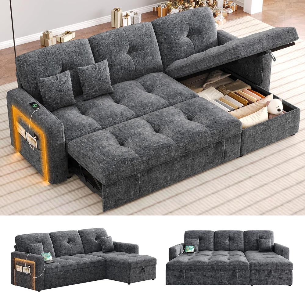 81'' LED L-Shaped Sectional Couch for Living Room, Sleeper Sofa Bed, ...