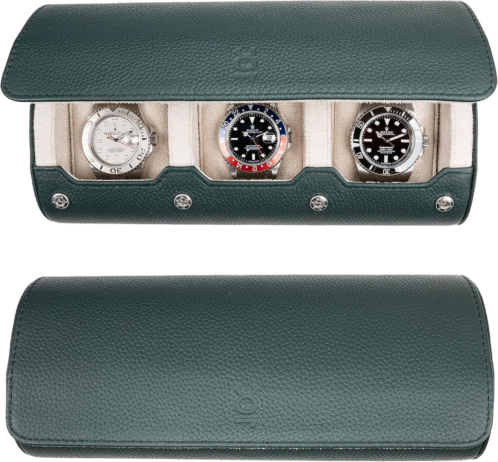 DailyWatch | Watch Roll Travel Case For 2 Watch | Luxury Watch Case In Genuine Leather With Soft Velvet Interior | Watch Case Protect, Store, & Display Your Watches | Dark Green Litchi
